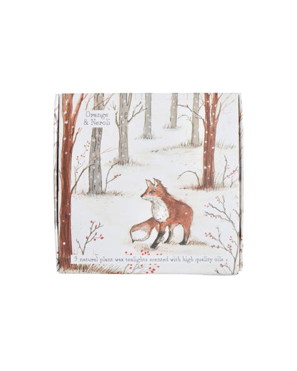Pack of tea lights with a fox illustration on a snowy forest background
