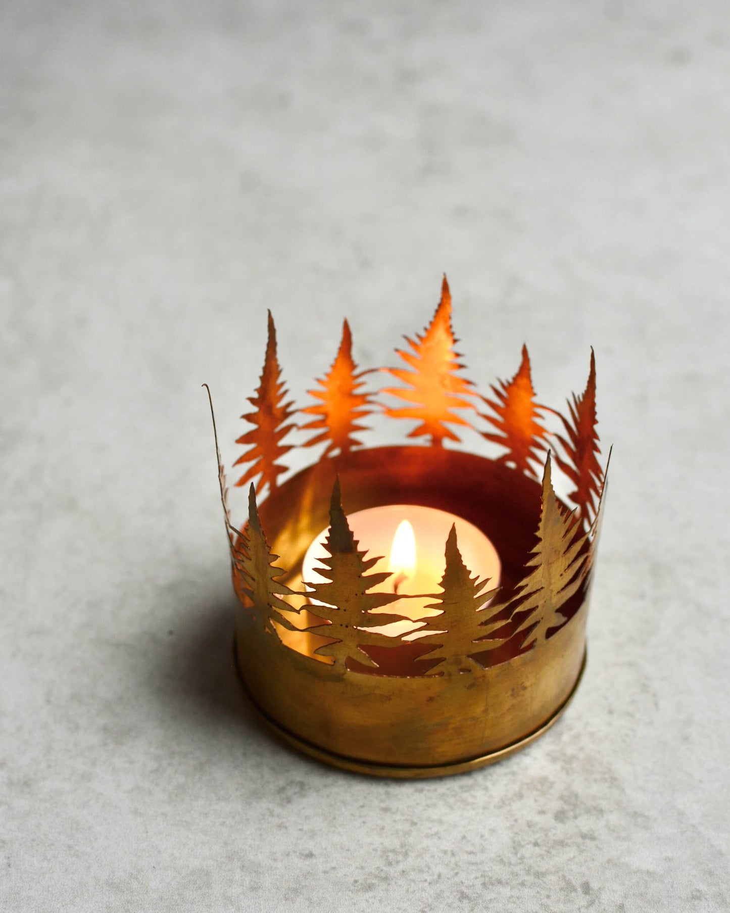 A brass candle holder with cut-out tree design on a grey background