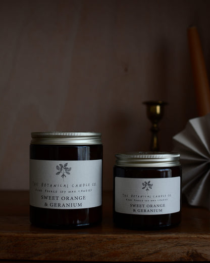 Sweet Orange and Geranium soy wax candle by The Botanical Candle Co.
