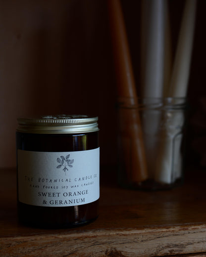 Sweet Orange and Geranium soy wax candle by The Botanical Candle Co.