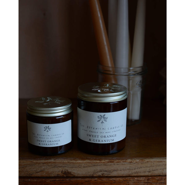 Sweet Orange and Geranium soy wax candle by The Botanical Candle Co.