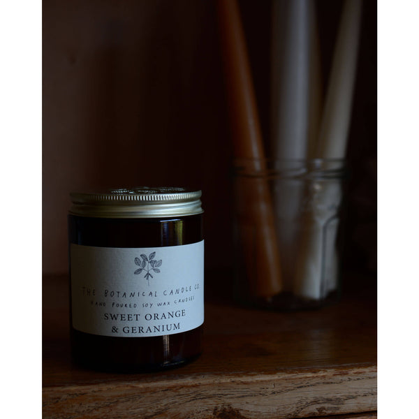 Sweet Orange and Geranium soy wax candle by The Botanical Candle Co. Medium 180ml.