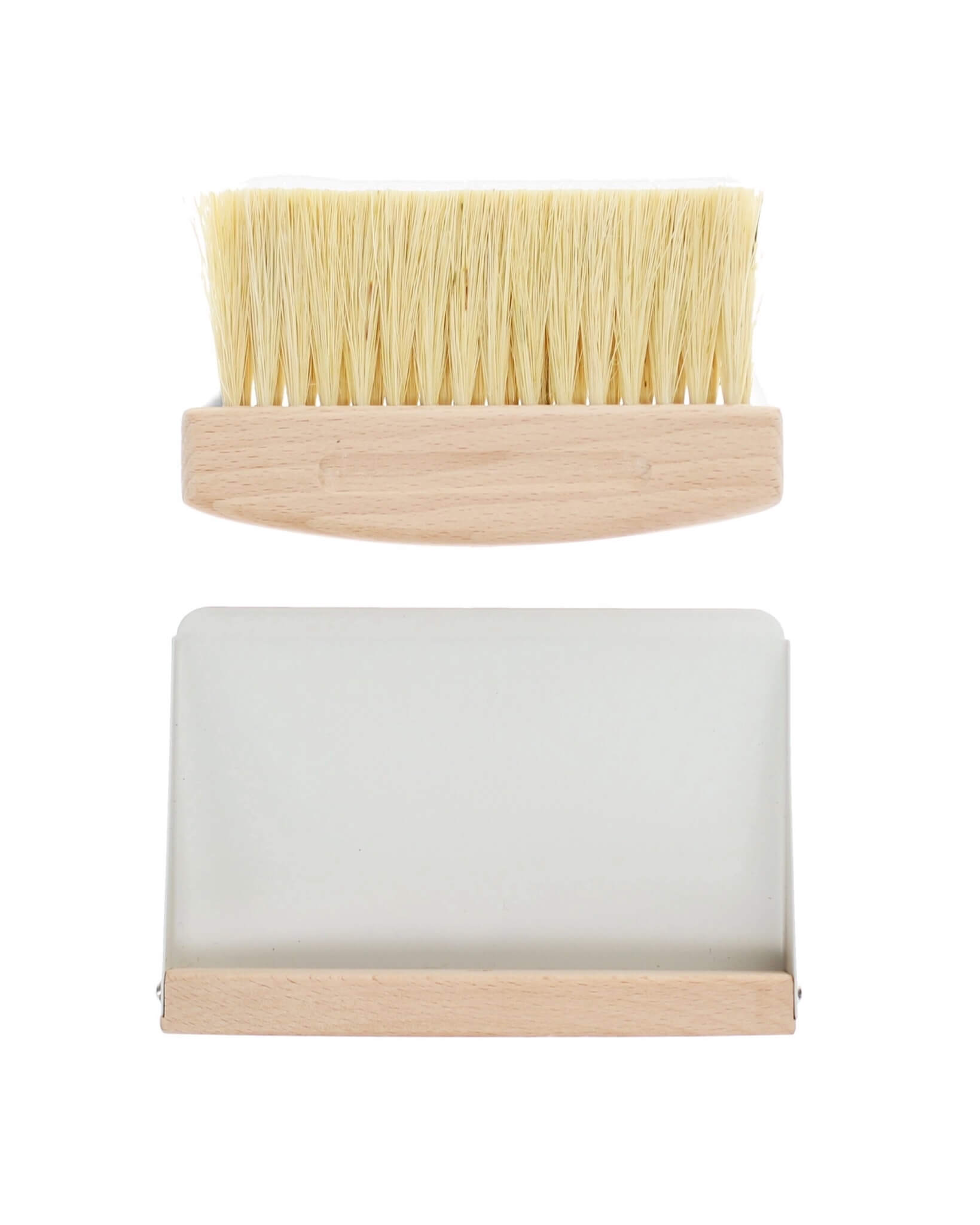 A wooden table brush and pan set, on a white background.