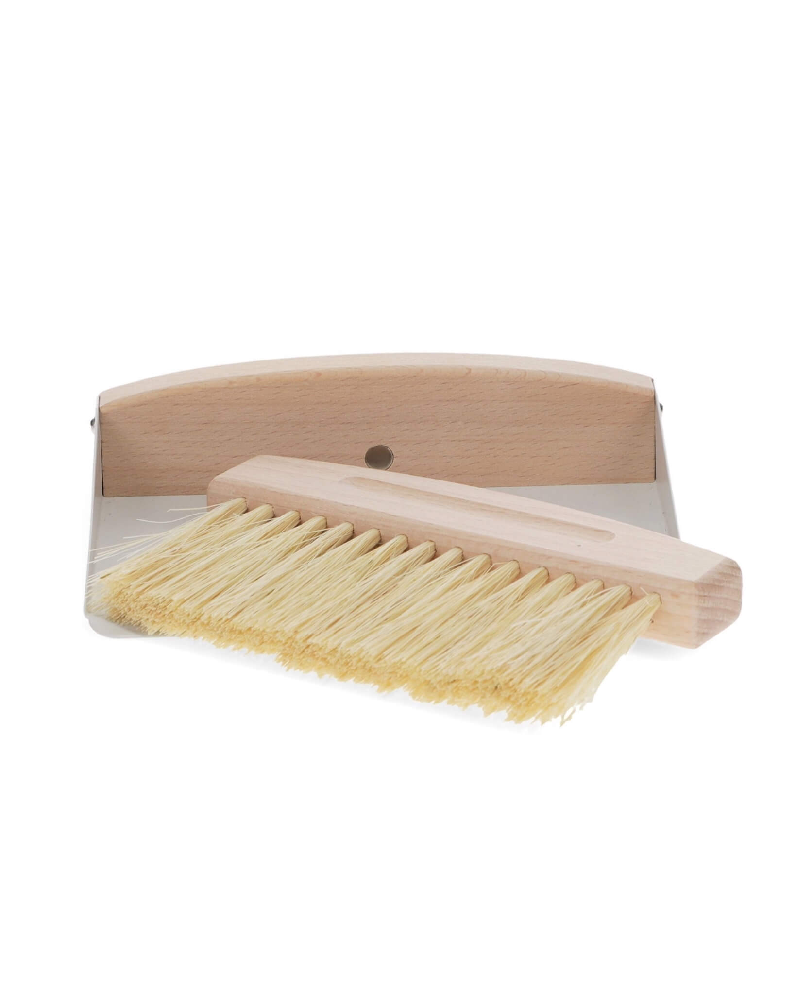 A wooden table brush and pan set, on a white background.