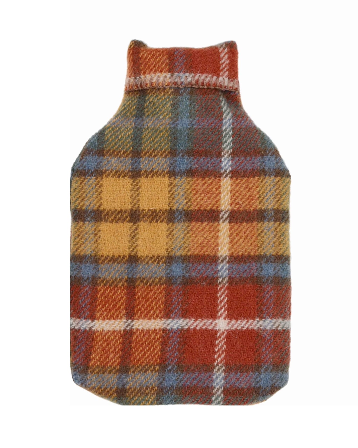 Fireside tartan wool hot water bottle cover by Tweedmill Textiles, in ochre, rust and teal plaid, shown on a white background.