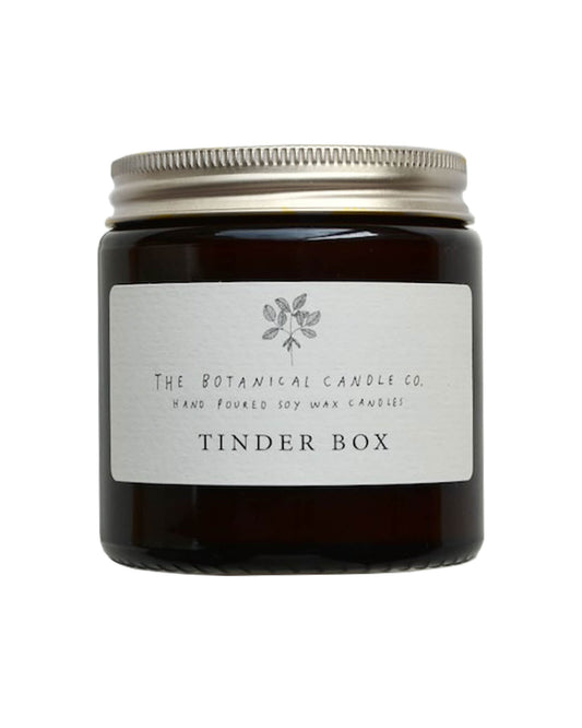 Tinder Box scented candle by The Botanical Candle Co, on a white background.
