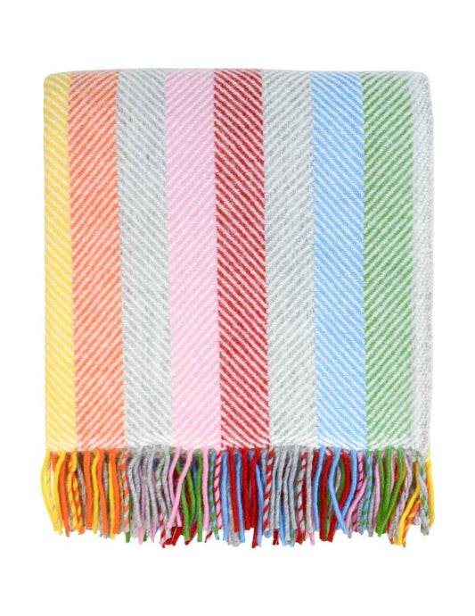 Colourful rainbow striped wool blanket with fringe, on a white background