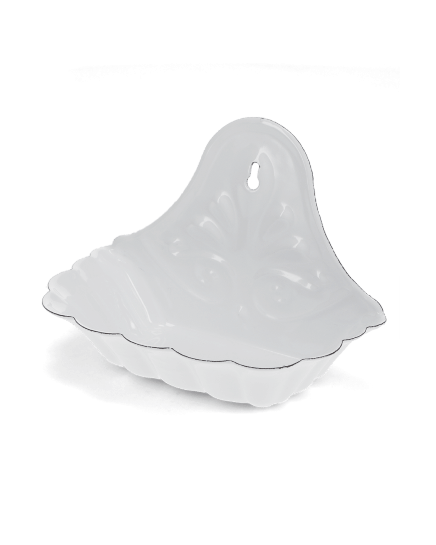 Vintage-style white enamel wall-mounted soap dish, with floral pattern, on a white background.