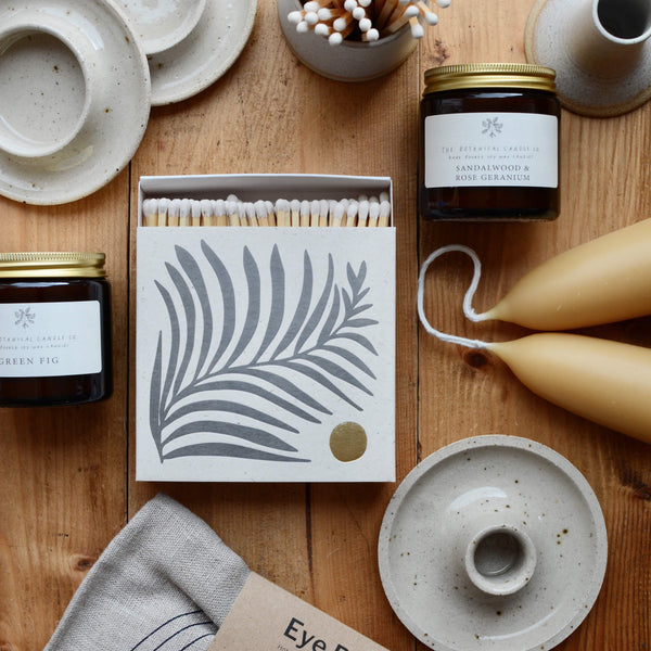 Archivist White Fern Letterpress Matches, with beeswax and scented candles.