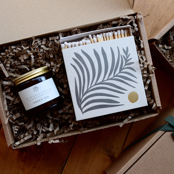 Archivist White Fern Letterpress Matches, in a gift box with a scented candle.