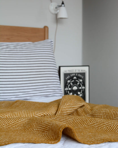 British Pure Wool Herringbone Blanket Mustard Weald Store
