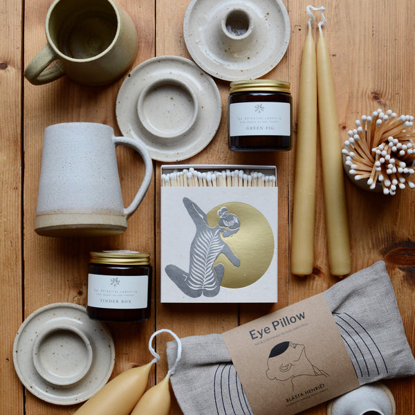 Yoga Archivist Letterpress Matches Gold, with beeswax candles and homewares.