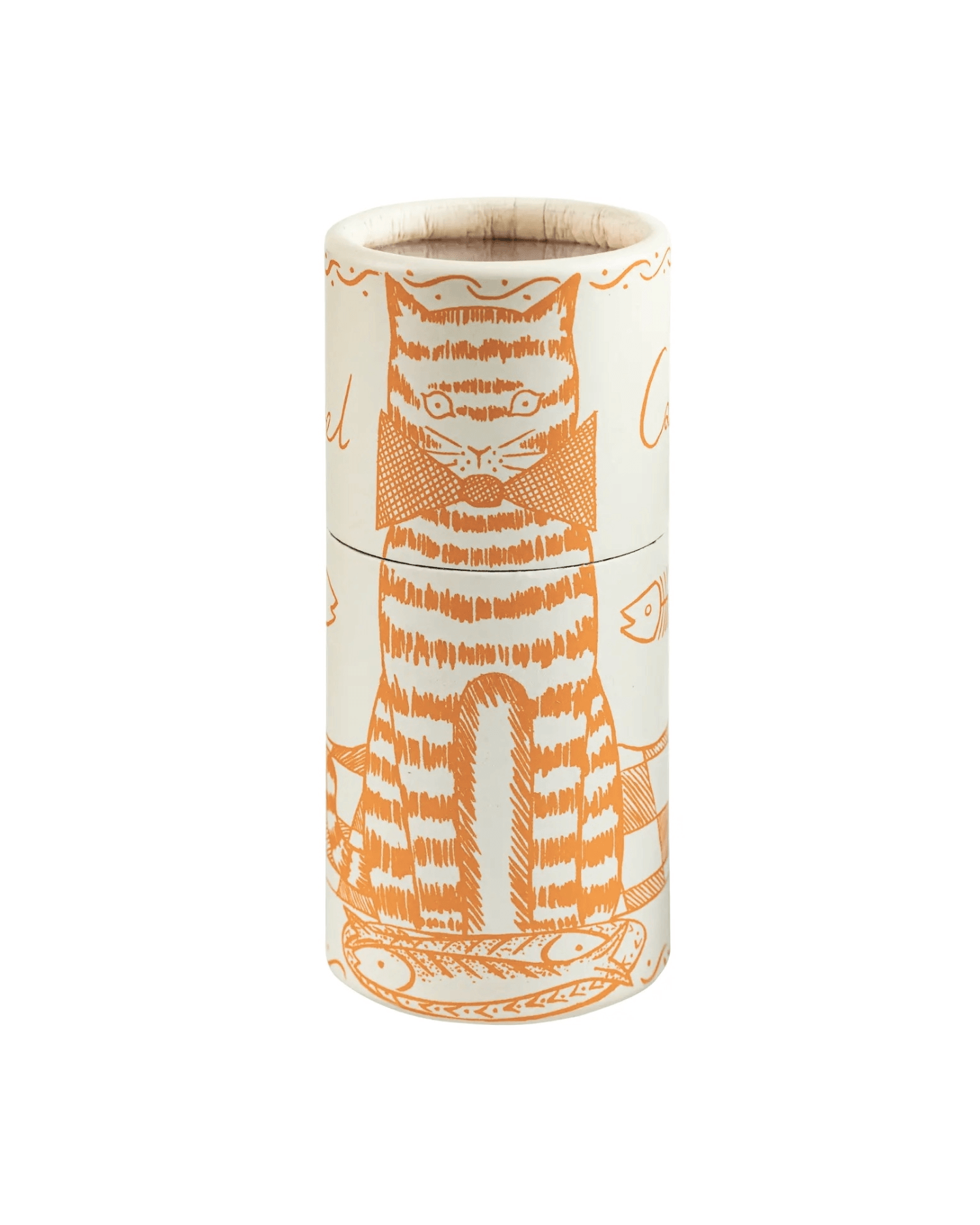 A cylinder box of matches, decorated with an orange line-art illustration of a cat, on a white background.