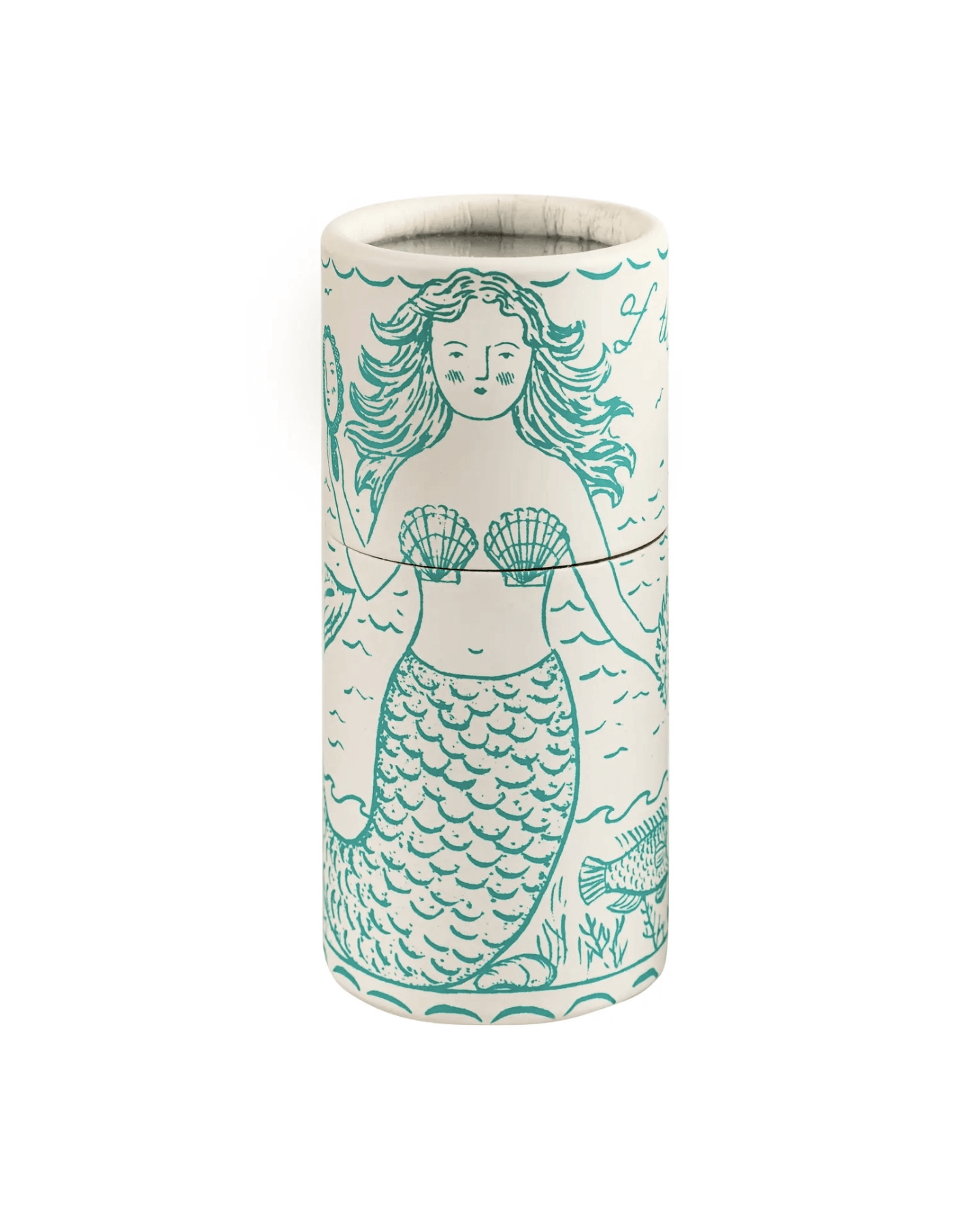 A cylindrical matchbox featuring a teal mermaid illustration, shown against a plain white background.