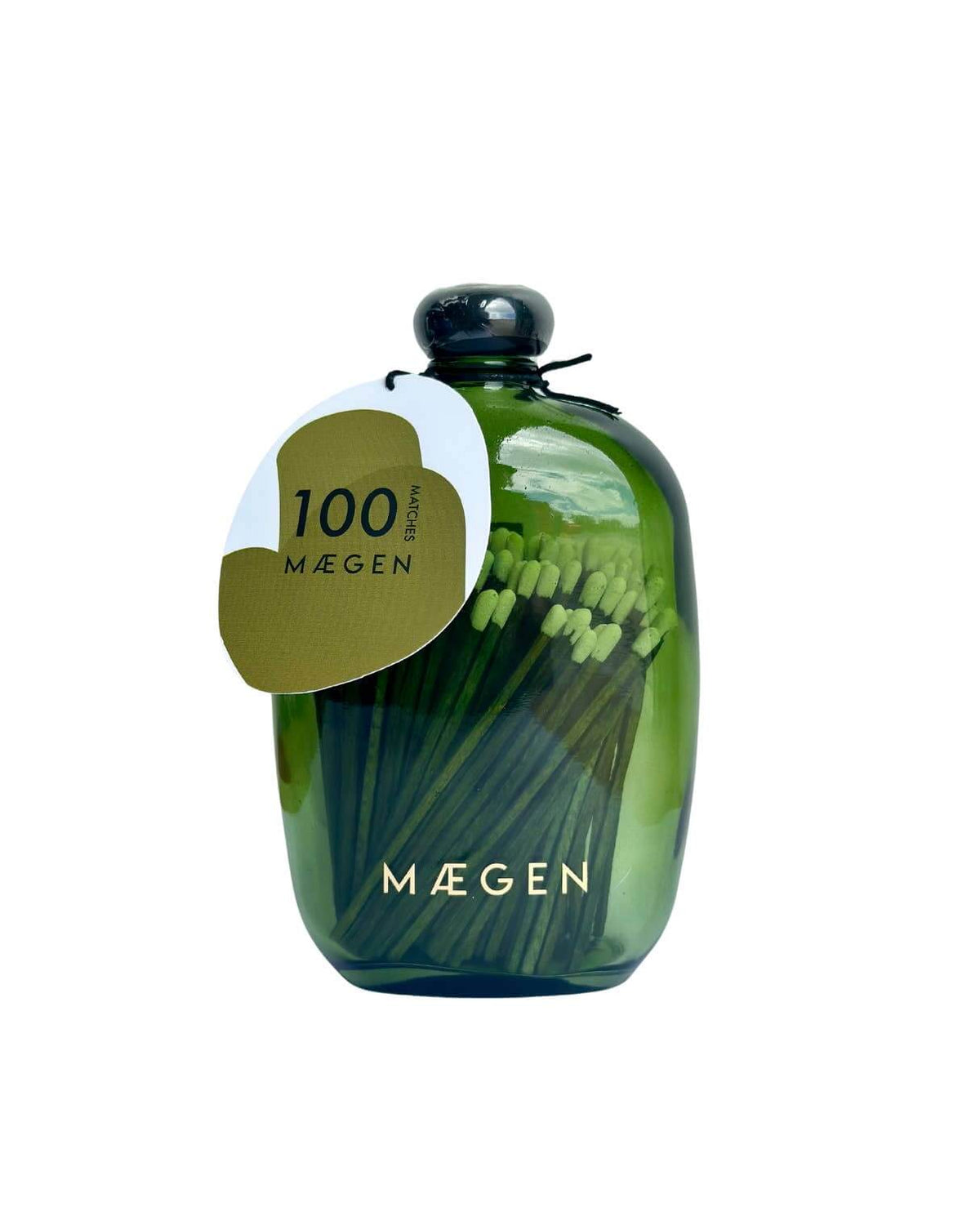Maegen green glass bottle of matches, on a white background.