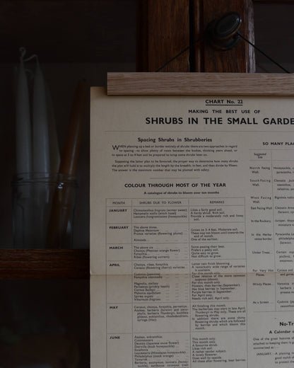 Small A4 oak poster hanger by Creamore Mill with a garden checklist