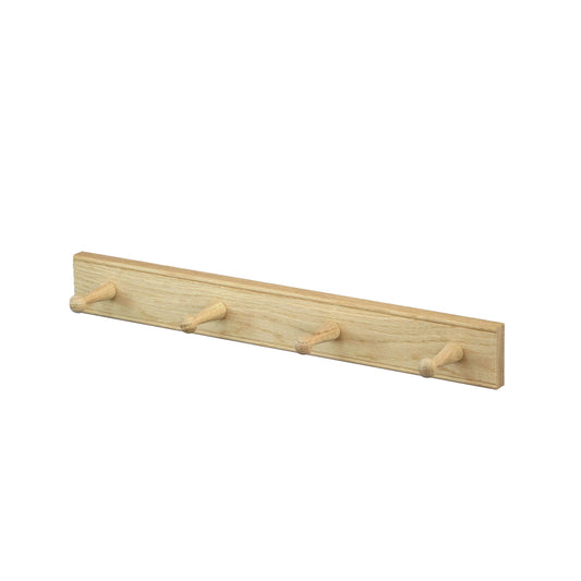 An oak shaker peg rail with 4 pegs by Creamore Mill on a white background