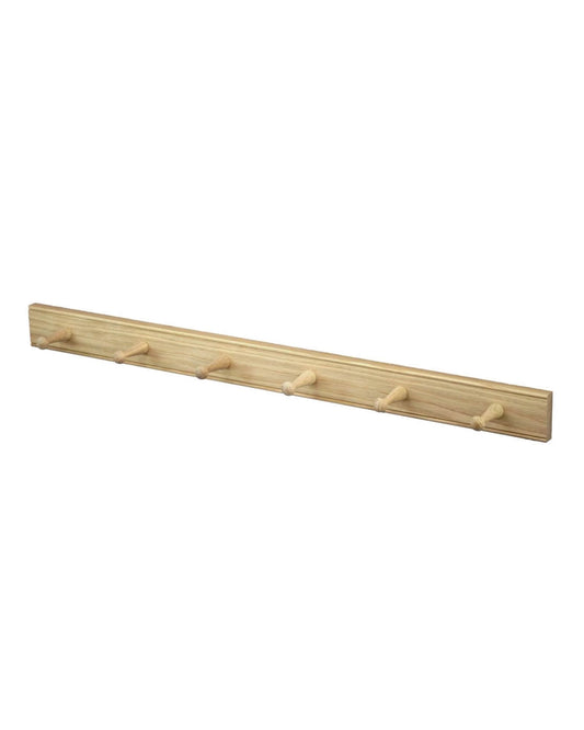 An oak peg rail with 6 pegs by Creamore Mill, on a white background
