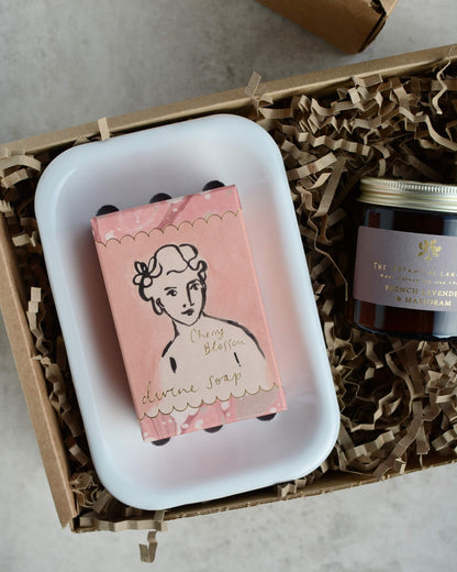 A pink illustrated soap box on top of a soap dish, in a gift box.