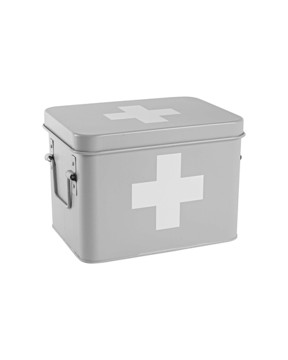 A grey metal first aid box with white cross symbols on the lid and front, shown on a plain white background.