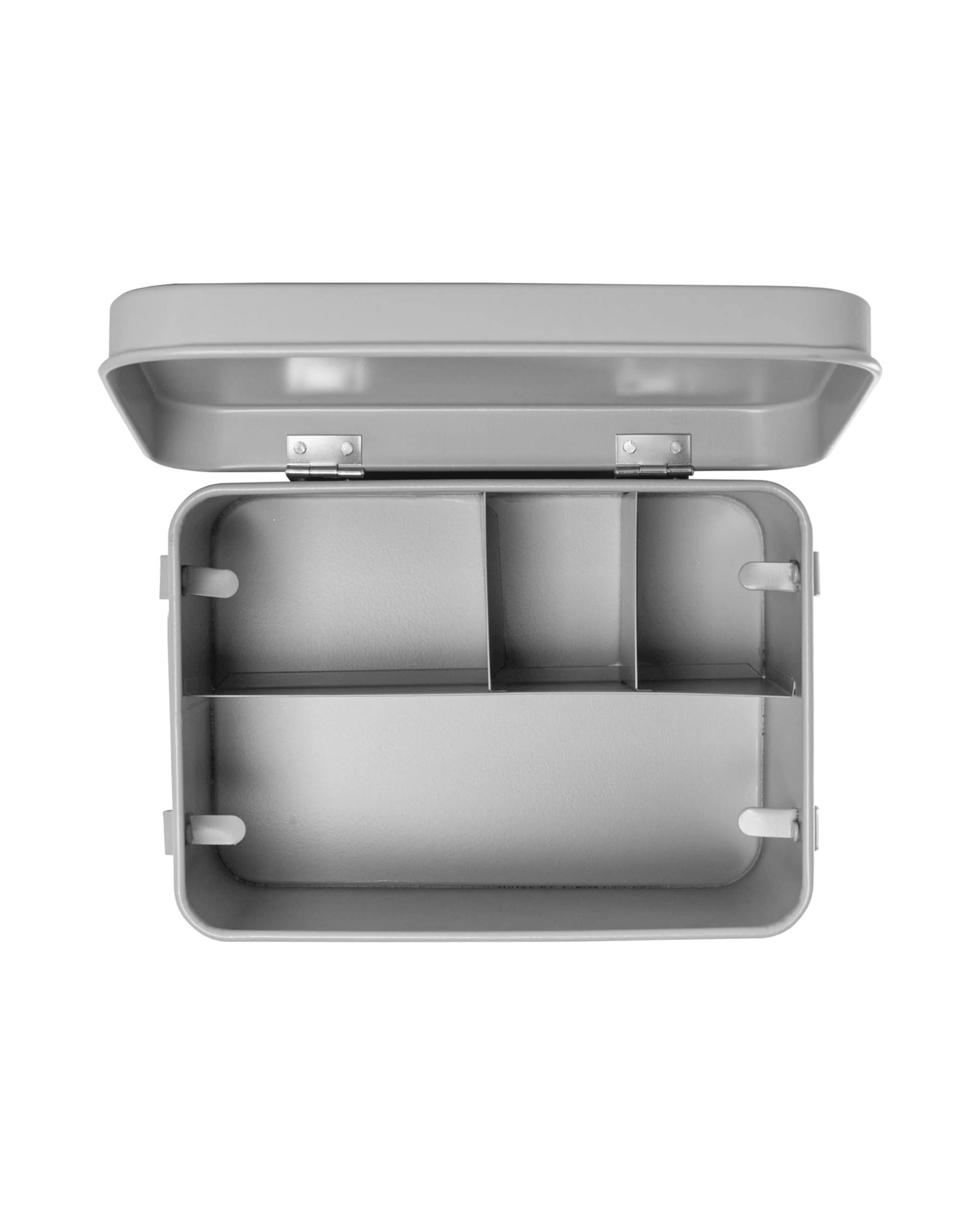 A grey metal first aid box with a hinged lid, shown open to reveal internal compartments against a plain white background.