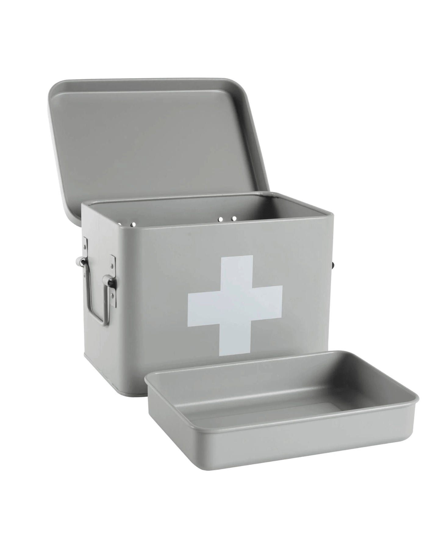 A grey metal first aid box with its lid open, featuring a white medical cross on the front and the inner tray placed in front, shown on a plain white background.