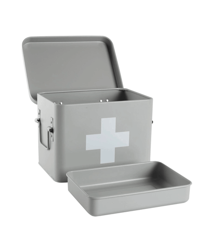 A grey metal first aid box with its lid open, featuring a white medical cross on the front and the inner tray placed in front, shown on a plain white background.