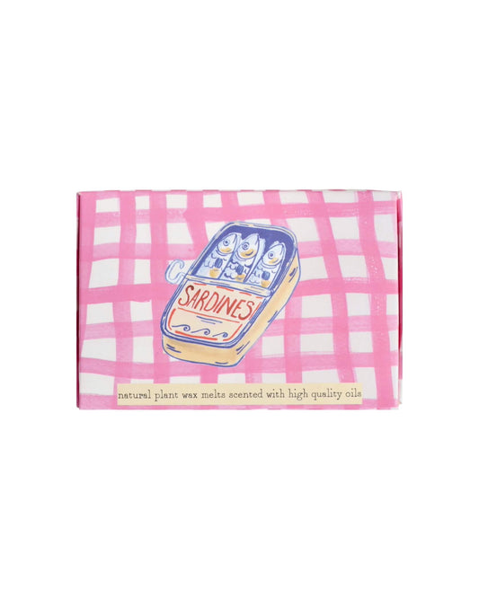 Pink checkered wax melts box with a sardine can design on a white background.