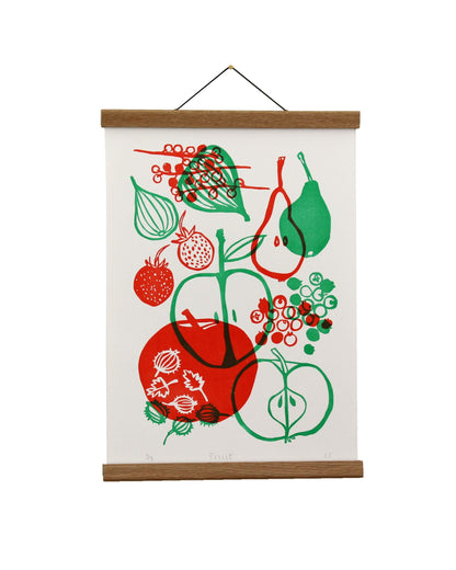 Decorative wall hanging in a wooden poster hanger with fruit illustrations on a white background