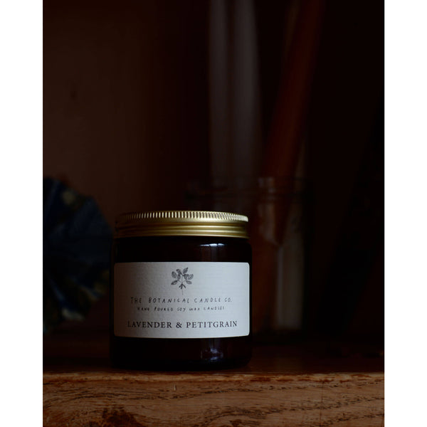 Lavender and Petitgrain scented soy wax candle by The Botanical Candle Co.