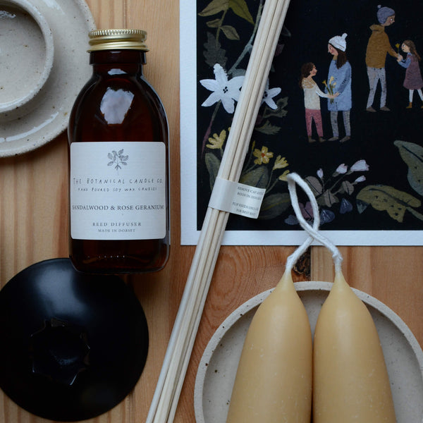 Sandalwood and Rose Geranium scented reed diffuser by The Botanical Candle Co.