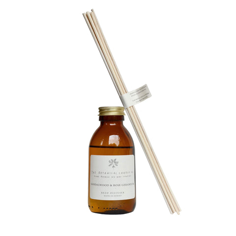 Sandalwood and Rose Geranium scented reed diffuser by The Botanical Candle Co.