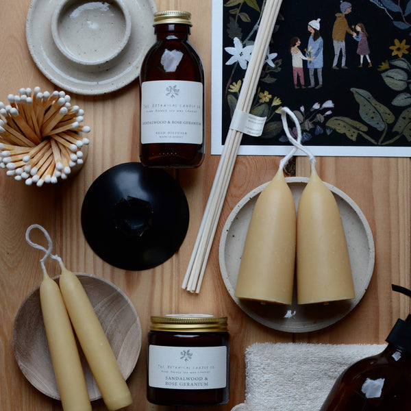 Sandalwood and Rose Geranium scented reed diffuser by The Botanical Candle Co.