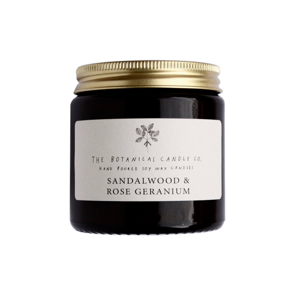 Sandalwood and Rose Geranium scented candle by The Botanical candle co.