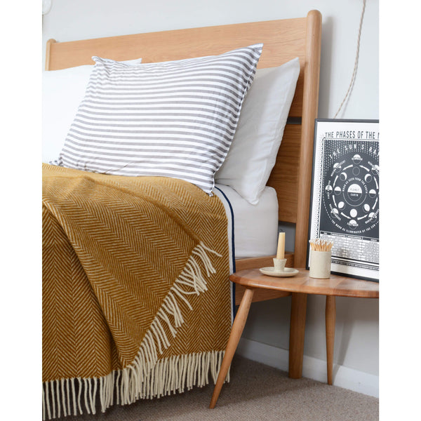 Mustard yellow wool blanket with an ivory fringe, draped across a bed.